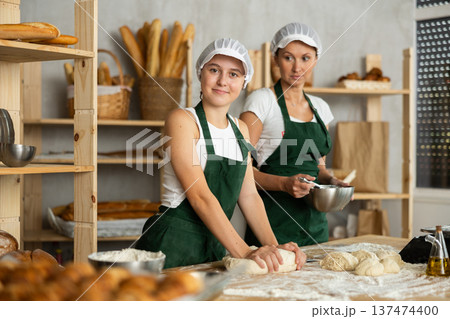 Two bakers knead dough in a bakery Two bakers knead dough in a bakery 137474400