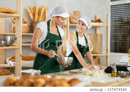 Two bakers knead dough in a bakery Two bakers knead dough in a bakery 137474589