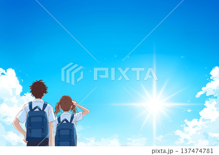 新生活や挑戦のイメージに最適な眩しい日差しの中で空を仰ぎ見る若い男女のアニメ風イラスト素材 新生活や挑戦のイメージに最適な眩しい日差しの中で空を仰ぎ見る若い男女のアニメ風イラスト素材 137474781