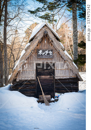 北海道阿寒・アイヌコタンに並ぶ木彫りの民芸品と伝統工芸の風景 137475142