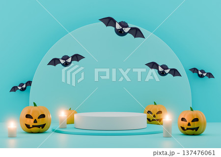 Light blue stage with halloween pumpkins and bats 3d Light blue stage with halloween pumpkins and bats 3d 137476061