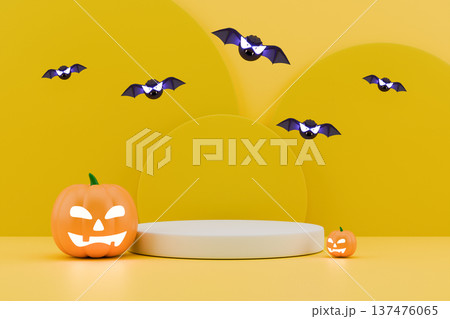 Yellow podium with spooky pumpkin and bats 3d render Yellow podium with spooky pumpkin and bats 3d render 137476065