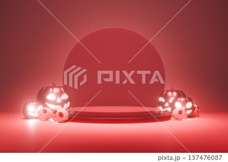 Red stage with glowing white pumpkins for halloween 3d 137476087