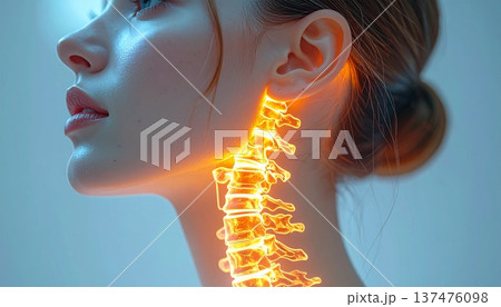 長時間のスマホ使用で女性の首に負担がかかっているイメージ  ストレートネック スマホ首  痛み  137476098