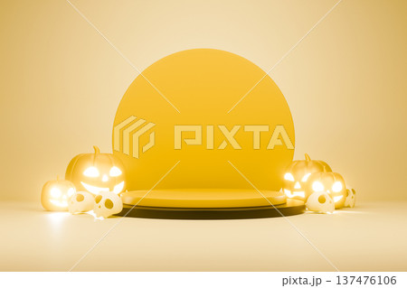 Yellow stage with glowing pumpkins for halloween 3d Yellow stage with glowing pumpkins for halloween 3d 137476106