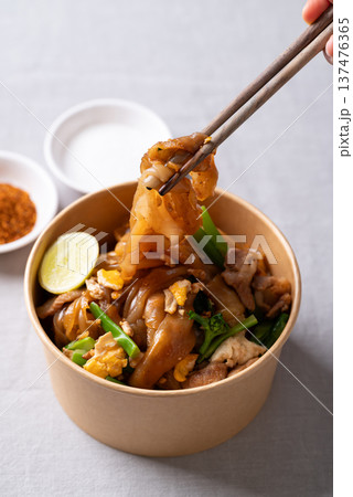 Thai food (Pad See Ew), Stir-fried rice noodles with soy sauce, pork, egg, and kale  137476365