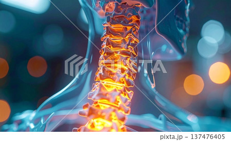 長時間のスマホ使用で首に負担がかかっている人体模型イメージ  ストレートネック スマホ首  痛み  137476405