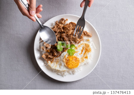 Stir-fried pork with garlic, pepper, fried egg and cooked rice  137476413