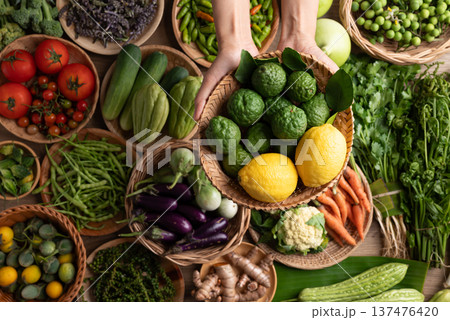 Organic Southeast Asian vegetables from local farmer market in Northern Thailand Organic Southeast Asian vegetables from local farmer market in Northern Thailand 137476420