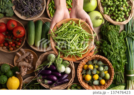 Organic Southeast Asian vegetables from local farmer market in Northern Thailand Organic Southeast Asian vegetables from local farmer market in Northern Thailand 137476423