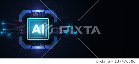 Glowing cyan artificial intelligence processor chip beside dark copy space with digital circuit network Glowing cyan artificial intelligence processor chip beside dark copy space with digital circuit network 137476506