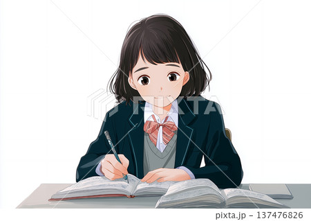 学習塾の挿絵に使える試験のために机で熱心に勉強に集中している制服姿の中学生女子のアニメ風イラスト 137476826