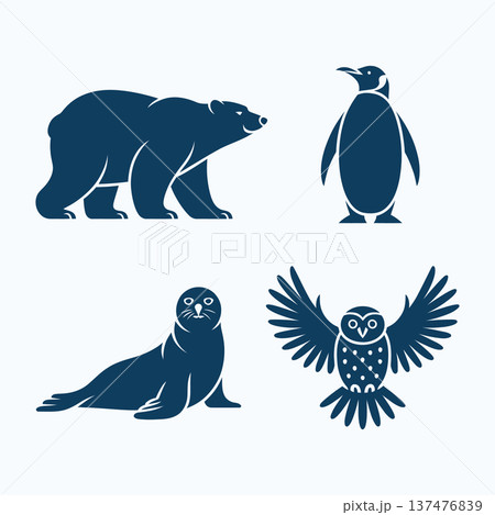 set of polar bear, penguin standing upright, seal, and snow owl silhouettes vector illustration 137476839