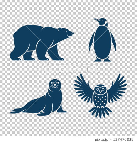 set of polar bear, penguin standing upright, seal, and snow owl silhouettes vector illustration 137476839