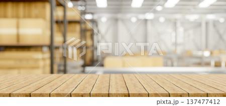 Empty wooden table or bench across crates boxes on metal shelf in modern factory or goods warehouse. 137477412