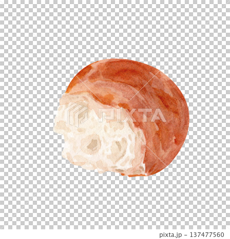 Torn bread piece with rustic crust, airy crumb, watercolor bakery illustration isolated on white. Artisan bread fragment perfect for bakery branding, menu design, packaging, recipe books, food layouts 137477560