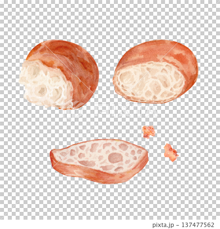 Rustic bread slice set with torn piece and crumbs, watercolor bakery illustration isolated on white. Artisan bread elements for bakery branding, menu design, packaging, recipe books and food layouts Rustic bread slice set with torn piece and crumbs, watercolor bakery illustration isolated on white. Artisan bread elements for bakery branding, menu design, packaging, recipe books and food layouts 137477562