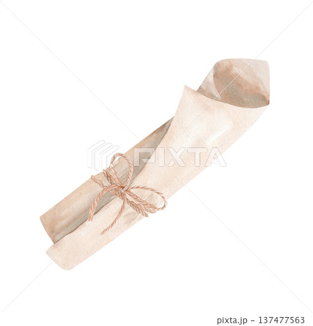 Folded parchment baking paper tied with rustic twine bow, watercolor illustration isolated on white. Craft bakery wrapping element for food packaging, organic branding, labels and product presentation Folded parchment baking paper tied with rustic twine bow, watercolor illustration isolated on white. Craft bakery wrapping element for food packaging, organic branding, labels and product presentation 137477563