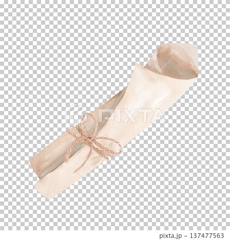 Folded parchment baking paper tied with rustic twine bow, watercolor illustration isolated on white. Craft bakery wrapping element for food packaging, organic branding, labels and product presentation Folded parchment baking paper tied with rustic twine bow, watercolor illustration isolated on white. Craft bakery wrapping element for food packaging, organic branding, labels and product presentation 137477563
