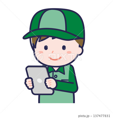 タブレットを使う「配達員」の男性 137477831