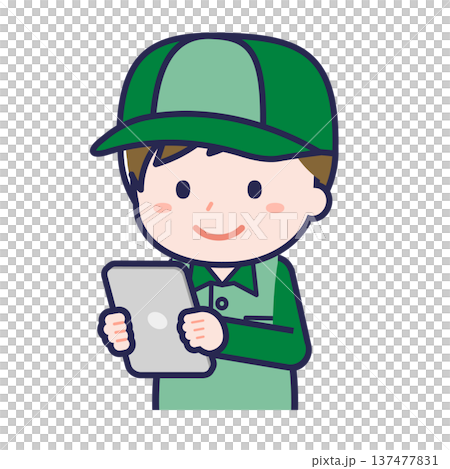 タブレットを使う「配達員」の男性 137477831