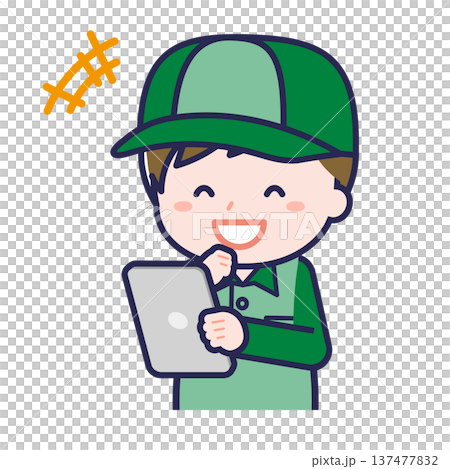 タブレットを使う「配達員」の男性 137477832