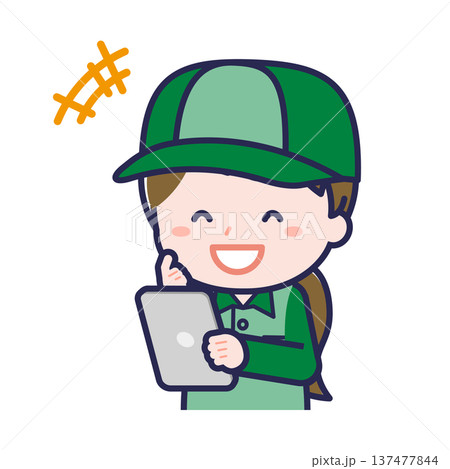 タブレットを使う「配達員」の女性 137477844