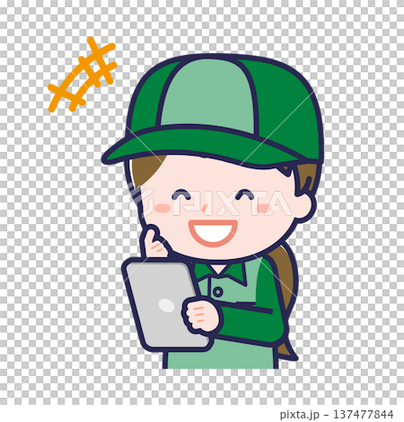 タブレットを使う「配達員」の女性 137477844