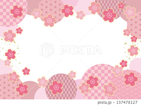 桜の花と和柄サークルの春らしい和風フレームポストカード/ピンク 桜の花と和柄サークルの春らしい和風フレームポストカード/ピンク 137478127