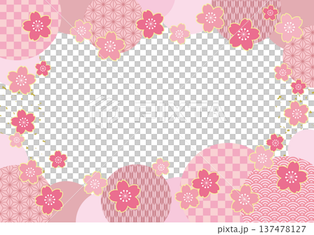 桜の花と和柄サークルの春らしい和風フレームポストカード/ピンク 桜の花と和柄サークルの春らしい和風フレームポストカード/ピンク 137478127