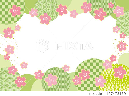 桜の花と和柄サークルの春らしい和風フレームポストカード/緑 桜の花と和柄サークルの春らしい和風フレームポストカード/緑 137478129