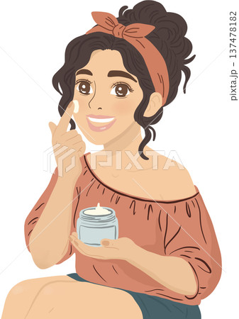 A smiling woman applying facial cream from a skincare jar. The beauty character demonstrates daily skincare routine, moisturizing treatment, and self-care for healthy glowing skin. 137478182