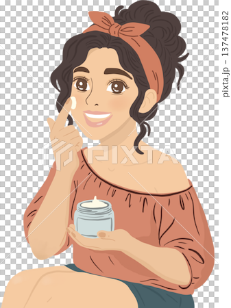 A smiling woman applying facial cream from a skincare jar. The beauty character demonstrates daily skincare routine, moisturizing treatment, and self-care for healthy glowing skin. 137478182