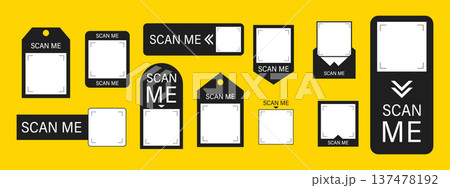 Scan me Frame. Blank sticker template for retail shopping with barcode. QR code payment. Scan by mobile phone. Click button on app screen for online. Vector illustration Scan me Frame. Blank sticker template for retail shopping with barcode. QR code payment. Scan by mobile phone. Click button on app screen for online. Vector illustration 137478192