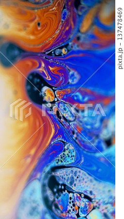 Gasoline emulsion. Chemical ink. Defocused orange purple blue color oil fuel bubbles wave water texture pour on abstract background. Gasoline emulsion. Chemical ink. Defocused orange purple blue color oil fuel bubbles wave water texture pour on abstract background. 137478469