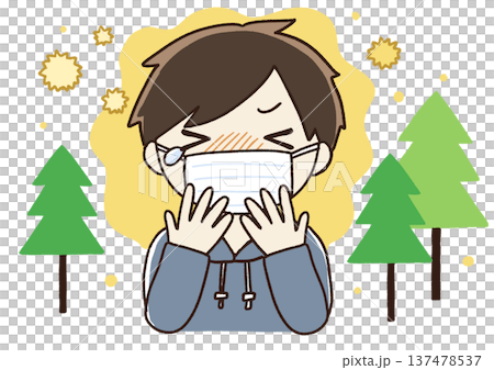 Illustration of a man who can't stop sneezing due to hay fever 137478537