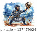 土煙を上げる捕手：渾身のキャッチ（水彩画風イラスト） 137479024