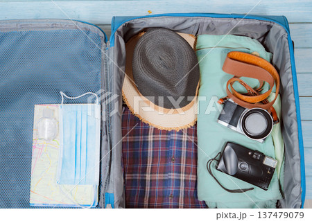 top view with protective mask and accessories prepare in luggage for travel with new normal style top view with protective mask and accessories prepare in luggage for travel with new normal style 137479079