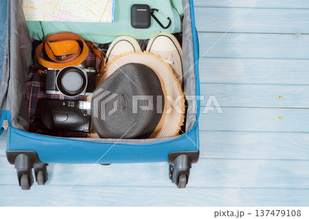 top view with cloth and accessories prepare in luggage for travel with new normal style support autumn season top view with cloth and accessories prepare in luggage for travel with new normal style support autumn season 137479108