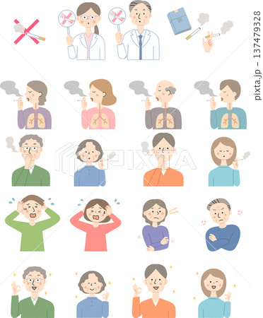 喫煙と健康被害、禁煙啓発の人物イラストセット 喫煙と健康被害、禁煙啓発の人物イラストセット 137479328