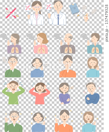 Smoking and health hazards, anti-smoking awareness character illustration set 137479328