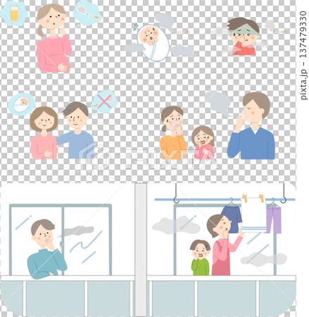 A set of illustrations showing passive smoking and its health hazards, as well as its impact on pregnant women and children 137479330