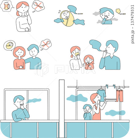 受動喫煙と健康被害、妊婦や子供への影響を表す人物イラストセット単色 137479331