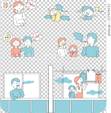 受動喫煙と健康被害、妊婦や子供への影響を表す人物イラストセット単色 137479331