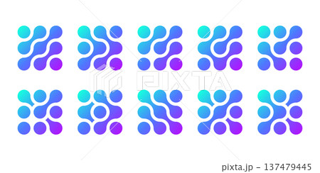 Atom dots connected in molecule structure pattern. Abstract circle shapes, collagen liquid drops. Medical tech metaball cells. Wavy merge fluid arrow, laboratory symbol. Dividing blob circuit cross 137479445