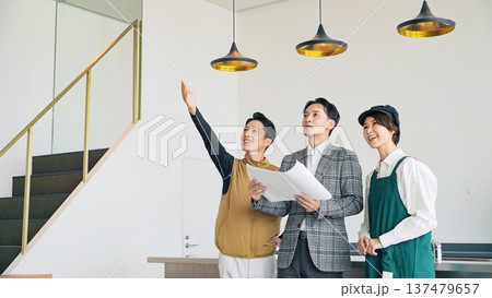 店舗施設で打ち合わせする店員・設計士・作業員 137479657