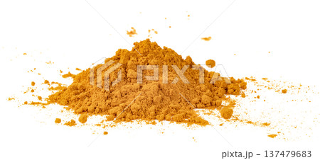 A heap of bright orange turmeric powder isolated. Fine texture of traditional Indian spice used for cooking and health. Clean studio shot for culinary or herbal concept. A heap of bright orange turmeric powder isolated. Fine texture of traditional Indian spice used for cooking and health. Clean studio shot for culinary or herbal concept. 137479683