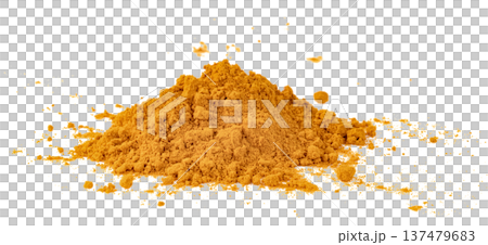 A heap of bright orange turmeric powder isolated. Fine texture of traditional Indian spice used for cooking and health. Clean studio shot for culinary or herbal concept. A heap of bright orange turmeric powder isolated. Fine texture of traditional Indian spice used for cooking and health. Clean studio shot for culinary or herbal concept. 137479683