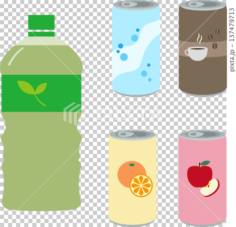 Illustration set of plastic bottles and canned drinks (for picnic scenes) 137479713