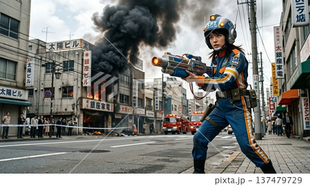 架空の昭和特撮番組のワンシーン。武器を構える女性警備隊員。 137479729